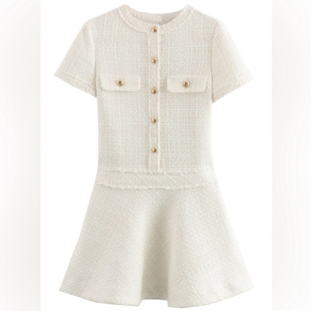 SUNDAY UP Solid Textured Short Sleeve Mini Dress in White